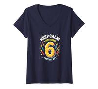 Keep Calm I Just Turned 6° Regalo di Compleanno per Bambini Maglietta con Collo a V, Donna, Navy, XXL