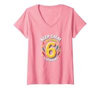 Keep Calm I Just Turned 6° Regalo di Compleanno per Bambini Maglietta con Collo a V, Donna, Rosa, M