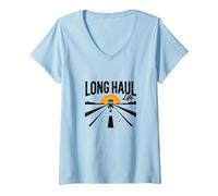 Keep on Truckin' Long Haul Life Trucker Retro Road Trip Maglietta con Collo a V, Donna, Celeste, M