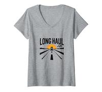 Keep on Truckin' Long Haul Life Trucker Retro Road Trip Maglietta con Collo a V, Donna, Grigio Melange, S