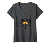 Keep on Truckin' Long Haul Life Trucker Retro Road Trip Maglietta con Collo a V, Donna, Grigio Scuro, M
