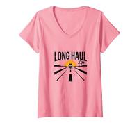 Keep on Truckin' Long Haul Life Trucker Retro Road Trip Maglietta con Collo a V, Donna, Rosa, XXL