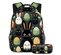 Keep Their Essentials in One Place, set da 2 pezzi, zaino e astuccio, motivo: coniglietto pasquale nero, Multicolore, B：29.4x20x40cm P：19x7.5x3.8cm, Zaini Daypack
