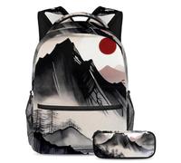 Keep Their Essentials in One Place, set di 2 zaini per bambini, zaino e astuccio, pittura a inchiostro, Multicolore, B：29.4x20x40cm P：19x7.5x3.8cm, Zaini Daypack