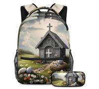 Keep Your Essentials Close, zaino con astuccio, versatile set di zaini per la scuola per ragazzi ragazze adolescenti, grigio croce pasquale casa, Multicolore, B：29.4x20x40cm P：19x7.5x3.8cm, Zaini