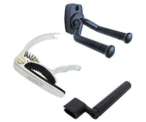 Keepdrum - Set di accessori per chitarra, con supporto a parete, manovella per corde, capotasto, colore: Argento