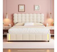 KeepGoon Letto matrimoniale 140 x 190 cm, letto imbottito, letto ad aria compressa con funzione di ripostiglio, LED all'estremità del letto, letto delle ragazze, letto per ragazzi, letto per riporre