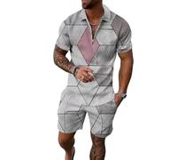 keephen 2 Pezzi Uomo Argyle Stampa Estate Set Quarter Zip Manica Corta Camicia da Golf Elastica Vita Shorts Abbigliamento Abiti