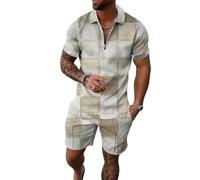 keephen 2 Pezzi Uomo Argyle Stampa Estate Set Quarter Zip Manica Corta Camicia da Golf Elastica Vita Shorts Abbigliamento Abiti