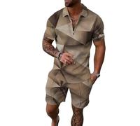 keephen 2 Pezzi Uomo Argyle Stampa Estate Set Quarter Zip Manica Corta Camicia da Golf Elastica Vita Shorts Abbigliamento Abiti