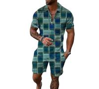 keephen 2 Pezzi Uomo Argyle Stampa Estate Set Quarter Zip Manica Corta Camicia da Golf Elastica Vita Shorts Abbigliamento Abiti