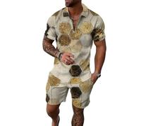 keephen 2 Pezzi Uomo Argyle Stampa Estate Set Quarter Zip Manica Corta Camicia da Golf Elastica Vita Shorts Abbigliamento Abiti