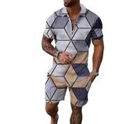keephen 2 Pezzi Uomo Argyle Stampa Estate Set Quarter Zip Manica Corta Camicia da Golf Elastica Vita Shorts Abbigliamento Abiti