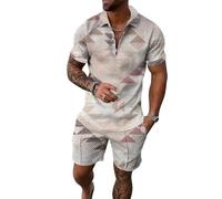 keephen 2 Pezzi Uomo Argyle Stampa Estate Set Quarter Zip Manica Corta Camicia da Golf Elastica Vita Shorts Abbigliamento Abiti