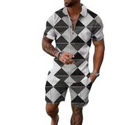 keephen 2 Pezzi Uomo Argyle Stampa Estate Set Quarter Zip Manica Corta Camicia da Golf Elastica Vita Shorts Abbigliamento Abiti