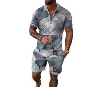 keephen 2 Pezzi Uomo Argyle Stampa Estate Set Quarter Zip Manica Corta Camicia da Golf Elastica Vita Shorts Abbigliamento Abiti