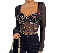 keephen Body da Donna con Ricamo Floreale Perizoma retrò Mesh Tuta Trasparente