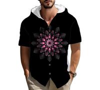keephen Camicia da Uomo con Cappuccio in Misto Cotone e Lino Stampa Floreale Geometrica in Stile Etnico retrò Maniche Corte abbottonata Casual da Spiaggia da Viaggio Estiva per attività all'aperto