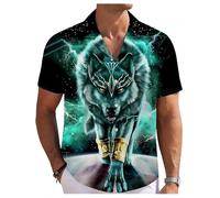 keephen Camicia Hawaiana da Uomo Neon Blue Lightning Wolf Lupo Fantastico luminescente Camicia a Maniche Corte con Bottoni e Stampa 3D Camicie Casual da Vacanza