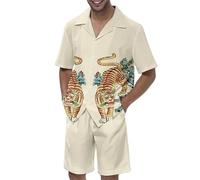 keephen Camicie e Pantaloncini hawaiani da Uomo Set Tigre Stampato Estate Casual Manica Corta Bottone Giù Camicie da Spiaggia 2 Pezzi Completi