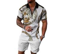 keephen Set da Uomo a Due Pezzi con Stampa Testa di Tigre Polo Estiva con Colletto e Mezza Zip e Pantaloncini abbinati Completo Casual di Lusso Europeo per la Spiaggia e Le Vacanze