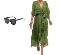 Keepholdon Dress, Elegant V-Neck Maxi Dress with Sleeves,Comfortable Skin-Friendly, High Waist Irregular Chiffon Summer Dress (Green,M)