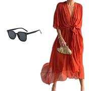 Keepholdon Dress, Elegant V-Neck Maxi Dress with Sleeves,Comfortable Skin-Friendly, High Waist Irregular Chiffon Summer Dress (Tangerine,XL)