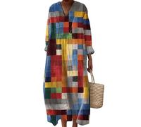keepmore Abiti da Resort Oversize a Maniche Lunghe da Donna con Tasche a Blocchi di Colore Ciambella a Fungo Abito da Resort con Scollo a V retrò Bohémien Robe