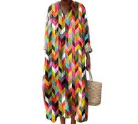 keepmore Abiti da Resort Oversize a Maniche Lunghe da Donna con Tasche a Blocchi di Colore Ciambella a Fungo Abito da Resort con Scollo a V retrò Bohémien Robe