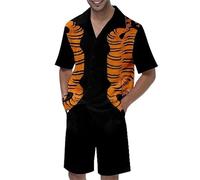 keepmore Camicia Hawaiana e Pantaloncini da Uomo Set 2 Pezzi Abiti Tigre Stampato Casual Button Down Manica Corta Camicia