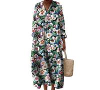 keepmore da Donna Foglie Fiori Geometria Stampato in 3D Scollo a V Abiti a Maniche Lunghe Ampio Spiaggia Abito Bohémien con Tasche