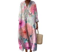 keepmore da Donna Foglie Fiori Geometria Stampato in 3D Scollo a V Abiti a Maniche Lunghe Ampio Spiaggia Abito Bohémien con Tasche