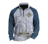keepmore Felpa a Maniche Lunghe con Stampa di velieri da Uomo Polo con Motivo a Bussola e Mezza Zip Polo Tattica Vintage all'aperto con Logo Top e Pullover