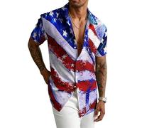 keepmore Maglietta da Uomo con Bandiera Americana e Statua della libertà Stampata in 3D a Maniche Corte e Monopetto per Festa del 4 luglio con Colletto alla Hawaiana