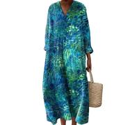 keepmore per Donna Geometrie A Righe Floreale Stampato Vintage Manica Lunga Accappatoio da Spiaggia Abiti A V Oversize al Ginocchio Bohémien Resort Gonna Midi
