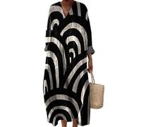 keepmore per Donna Geometrie A Righe Floreale Stampato Vintage Manica Lunga Accappatoio da Spiaggia Abiti A V Oversize al Ginocchio Bohémien Resort Gonna Midi