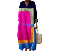 keepmore per Donna Geometrie A Righe Floreale Stampato Vintage Manica Lunga Accappatoio da Spiaggia Abiti A V Oversize al Ginocchio Bohémien Resort Gonna Midi