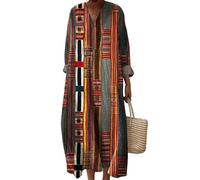 keepmore per Donna Geometrie Strisce Fiori Stampato Scollo a V Vintage Abito a Maniche Lunghe Gonna Midi Oversize Boho Resort Abiti da Spiaggia