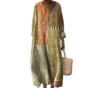 keepmore per Donna Geometrie Strisce Fiori Stampato Scollo a V Vintage Abito a Maniche Lunghe Gonna Midi Oversize Boho Resort Abiti da Spiaggia