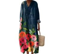 keepmore per Donna Geometrie Strisce Fiori Stampato Scollo a V Vintage Abito a Maniche Lunghe Gonna Midi Oversize Boho Resort Abiti da Spiaggia