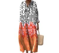 keepmore per Donna Geometrie Strisce Fiori Stampato Scollo a V Vintage Abito a Maniche Lunghe Gonna Midi Oversize Boho Resort Abiti da Spiaggia