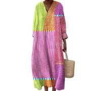 keepmore per Donna Geometrie Strisce Fiori Stampato Scollo a V Vintage Abito a Maniche Lunghe Gonna Midi Oversize Boho Resort Abiti da Spiaggia
