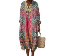 keepmore per Donna Vintage Bohemien Midi Gonna a Pois A Strisce Fiori Grafica Informale Autunno Scollo a V Manica Lunga Spiaggia Resort Vestito da Vacanza