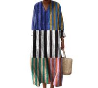 keepmore per Donna Vintage Bohemien Midi Gonna a Pois A Strisce Fiori Grafica Informale Autunno Scollo a V Manica Lunga Spiaggia Resort Vestito da Vacanza