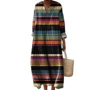 keepmore per Donna Vintage Bohemien Midi Gonna a Pois A Strisce Fiori Grafica Informale Autunno Scollo a V Manica Lunga Spiaggia Resort Vestito da Vacanza