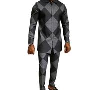 keepmore Uomo Esotico Piuma di Pavone Stampa Set 2-Pezzi Outfit Tuta | Set Camicia Manica Lunga & Pantaloni Lusso Stile Africano Outfit Formale per Feste Ideale per Matrimonio, Banchetto