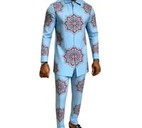 keepmore Uomo Esotico Piuma di Pavone Stampa Set 2-Pezzi Outfit Tuta | Set Camicia Manica Lunga & Pantaloni Lusso Stile Africano Outfit Formale per Feste Ideale per Matrimonio, Banchetto