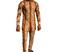 keepmore Uomo Esotico Piuma di Pavone Stampa Set 2-Pezzi Outfit Tuta | Set Camicia Manica Lunga & Pantaloni Lusso Stile Africano Outfit Formale per Feste Ideale per Matrimonio, Banchetto