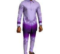 keepmore Uomo Esotico Piuma di Pavone Stampa Set 2-Pezzi Outfit Tuta | Set Camicia Manica Lunga & Pantaloni Lusso Stile Africano Outfit Formale per Feste Ideale per Matrimonio, Banchetto