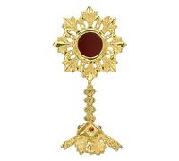 KEEPSAKE COMPANY Elegante Reliquiario in Ottone con Base Decorata e Perle Rosse - Raffinato Porta Reliquie Cattoliche - Ostensorio Senza Luna, Giallo